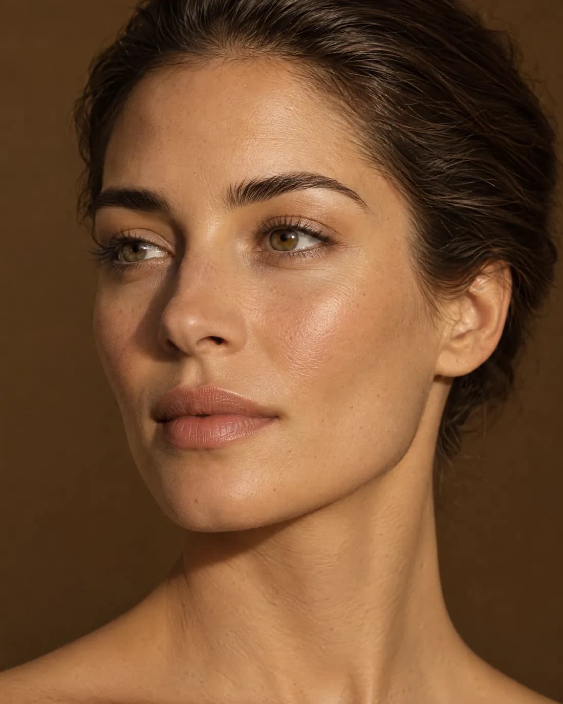 A woman's face in warm light, in three quarter view, from forehead to neck
